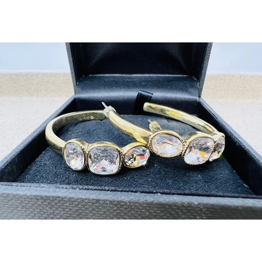 Heidi Daus Gold Tone Clear Crystal Triple Stone Hoop Earrings Pierced C-Hoops